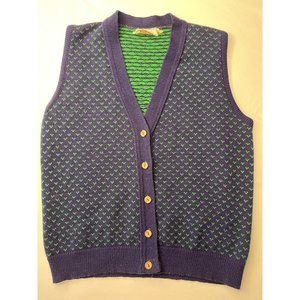 Kate Collins Sweater Button Up‎ Vest  Vintage 70’s Patterned Blue W/Green USA L